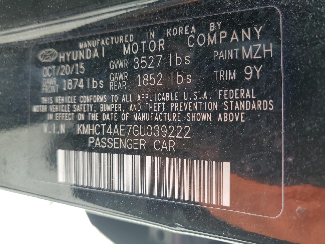 2016 Hyundai Accent VIN KMHCT4AE7GU039222 Copart auction photo, front end / rear end damage thumbnail 12