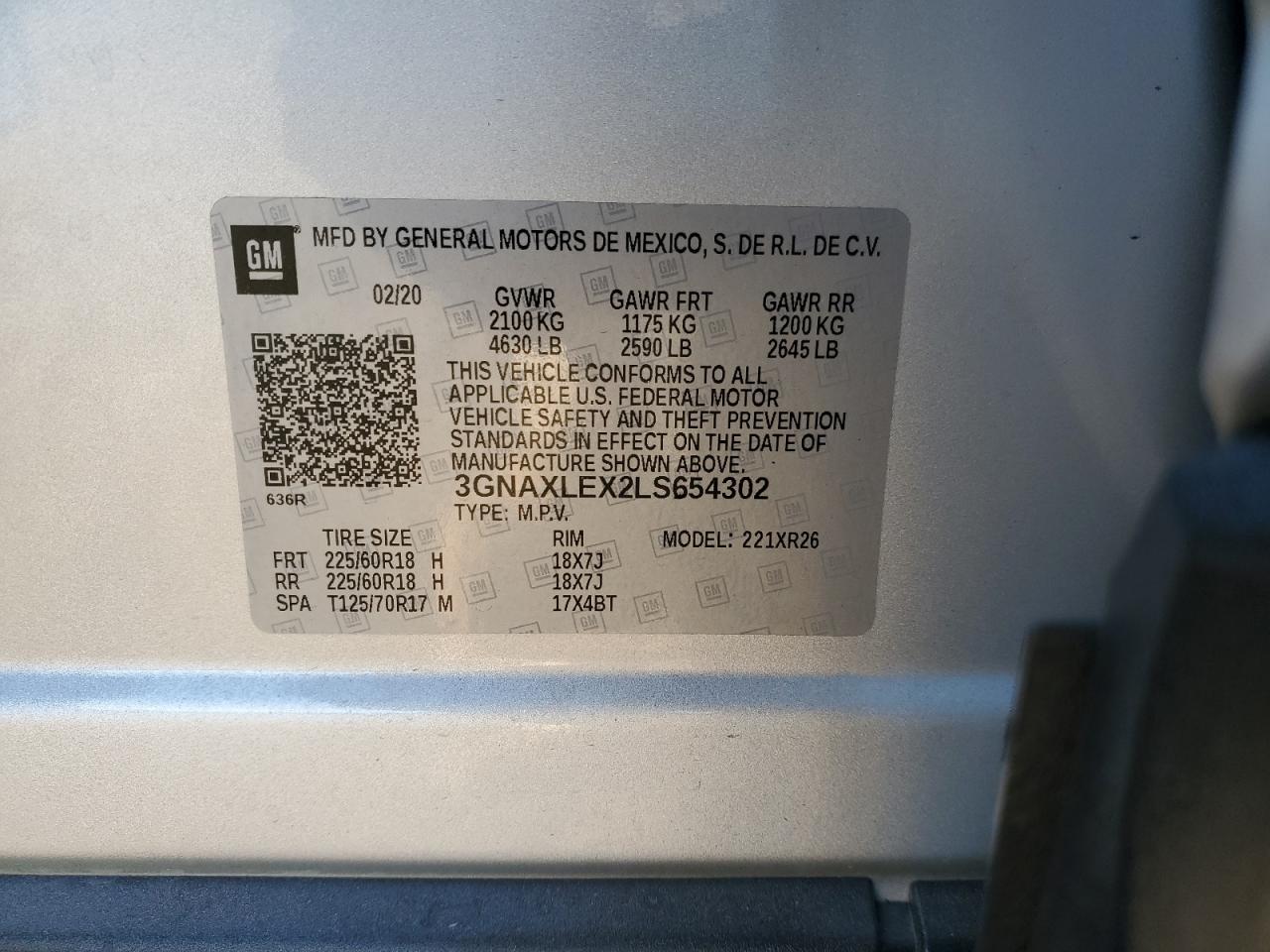 2020 Chevrolet Equinox VIN 3GNAXLEX2LS654302 Copart auction photo, side / front end damage thumbnail 14