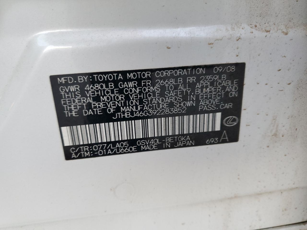 2009 Lexus ES VIN JTHBJ46G392283852 Copart auction photo, side / rear end damage thumbnail 14