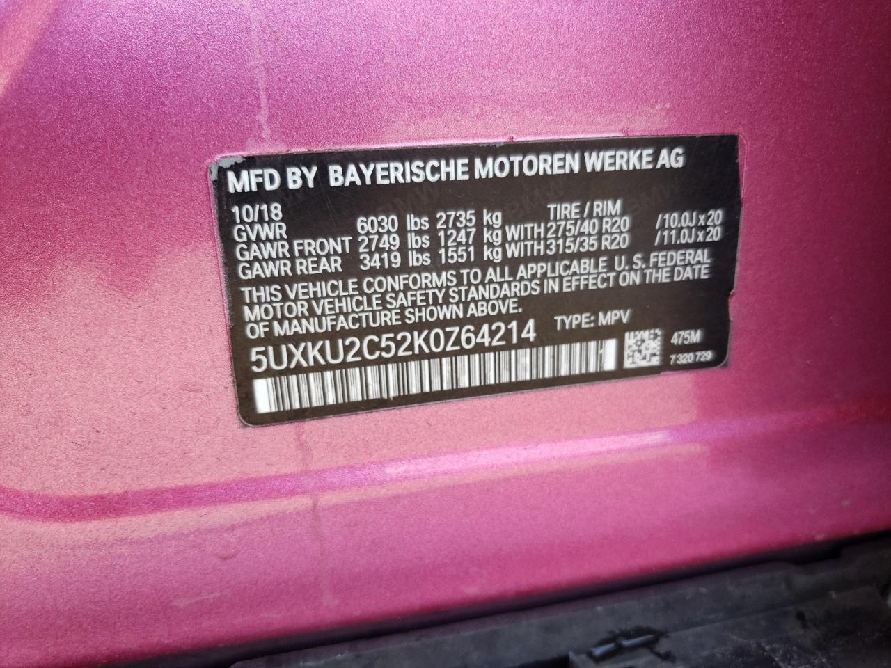 2019 BMW X6 VIN 5UXKU2C52K0Z64214 Copart auction photo, rear end damage thumbnail 13