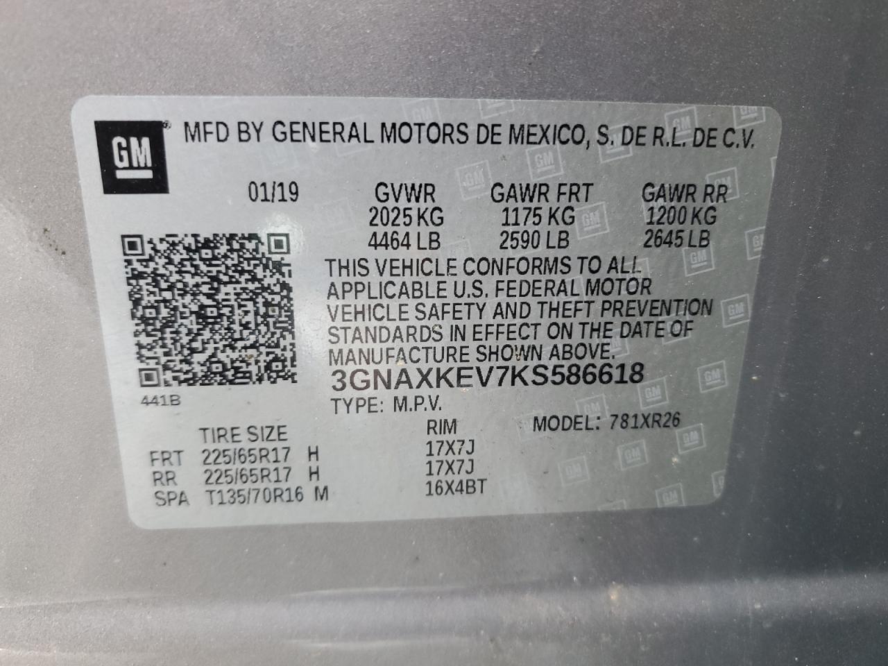 2019 Chevrolet Equinox VIN 3GNAXKEV7KS586618 Copart auction photo, front end damage thumbnail 15