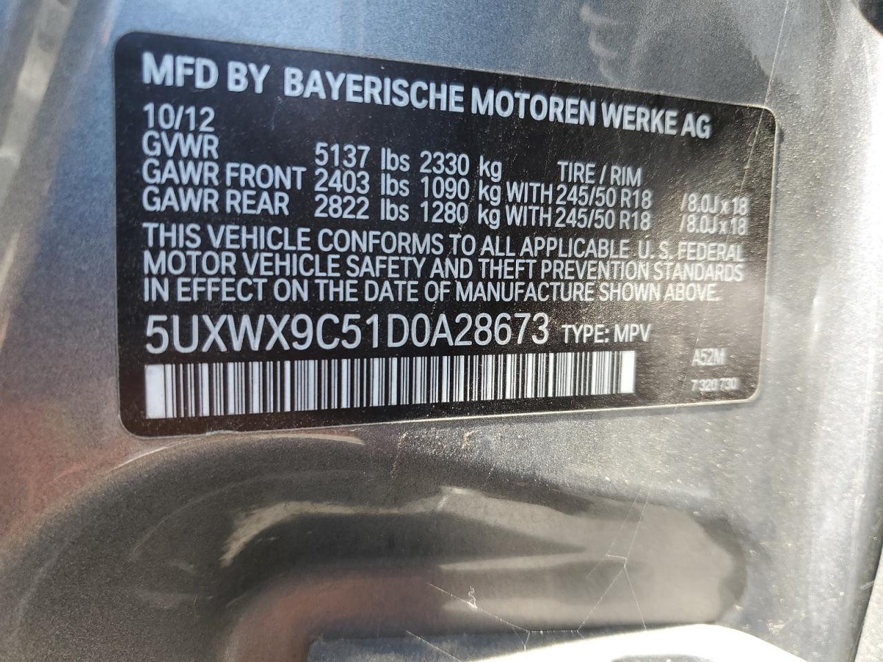 2013 BMW X3 VIN 5UXWX9C51D0A28673 Copart auction photo, minor dent/scratches damage thumbnail 13