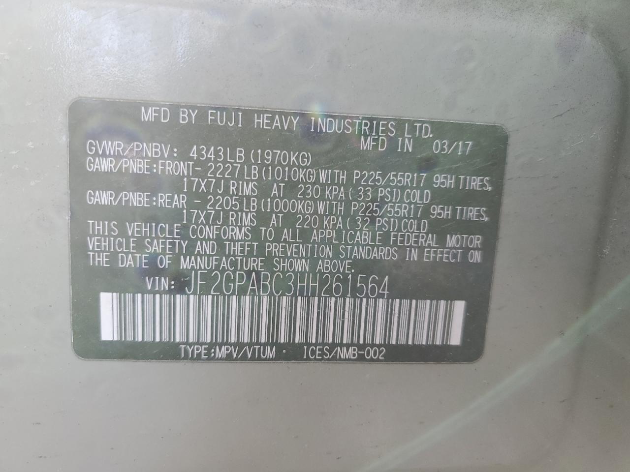 2017 Subaru XV VIN JF2GPABC3HH261564 Copart auction photo, rear end / minor dent/scratches damage thumbnail 13