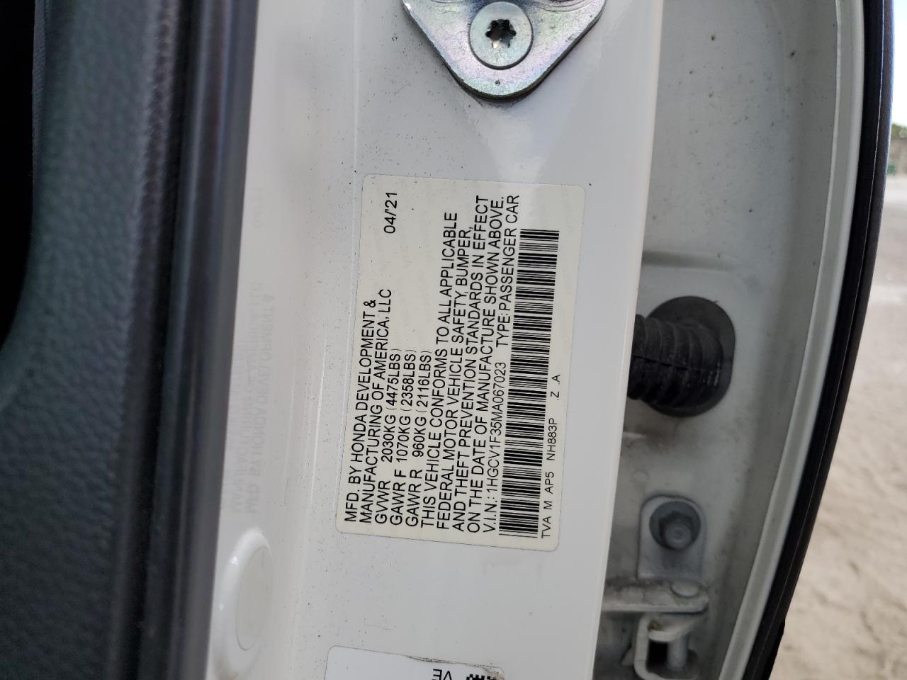 2021 Honda Accord VIN 1HGCV1F35MA067023 Copart auction photo, side / partial repair damage thumbnail 14