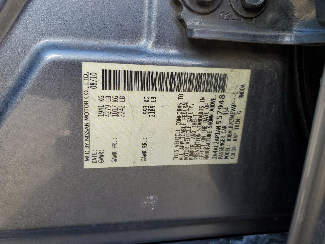 2010 Nissan Altima VIN 1N4AL2AP1AN557948 Copart auction photo, rear end / front end damage thumbnail 14