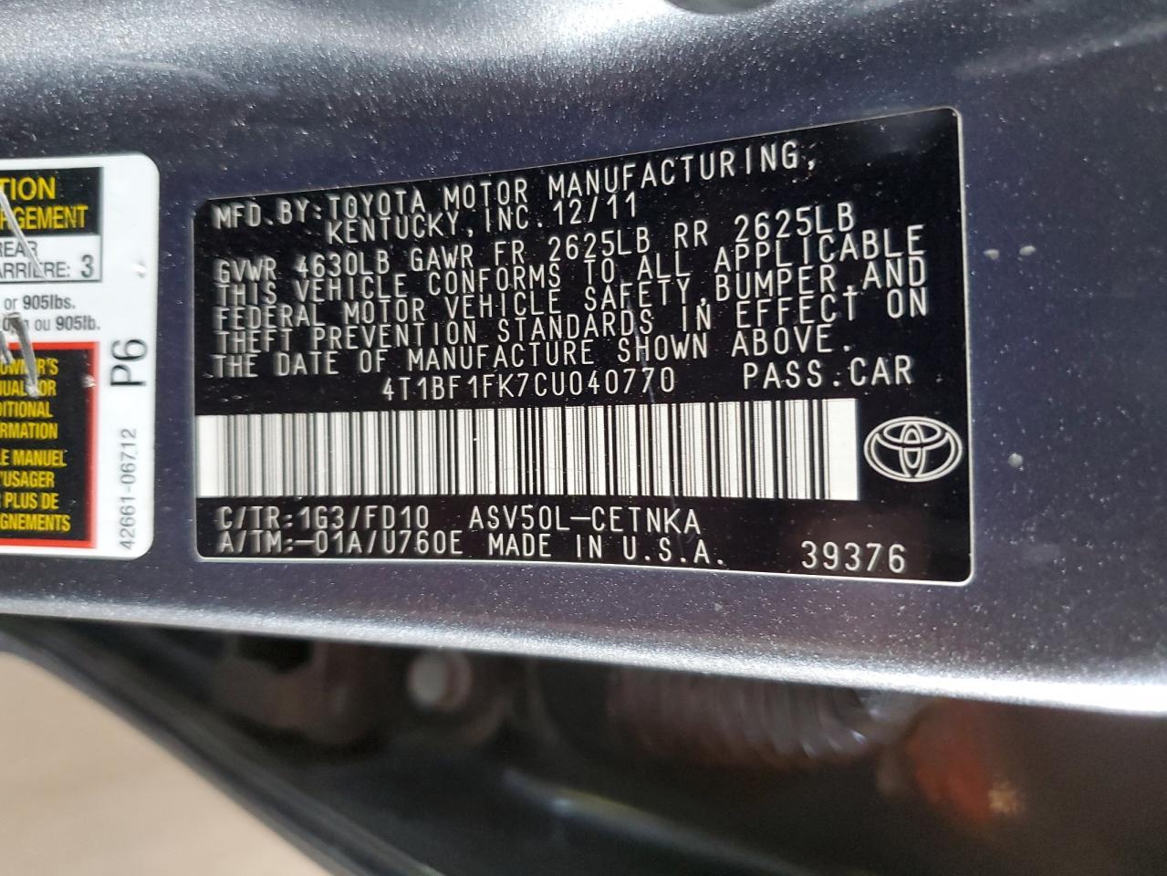 2012 Toyota Camry VIN 4T1BF1FK7CU040770 Copart auction photo, rear end damage thumbnail 12