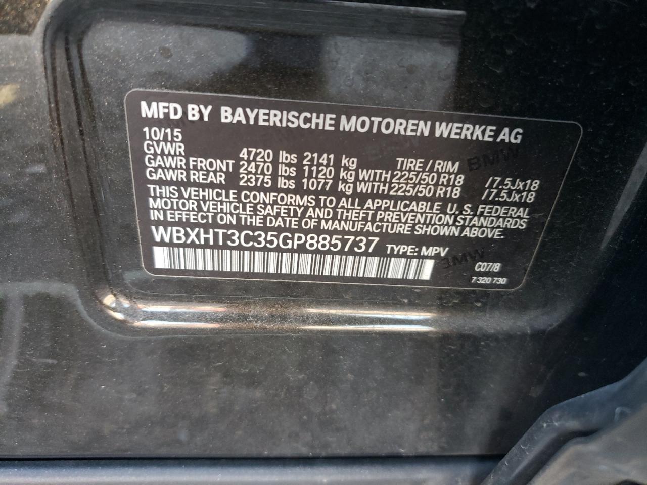 2016 BMW X1 VIN WBXHT3C35GP885737 Copart auction photo, all over damage thumbnail 15