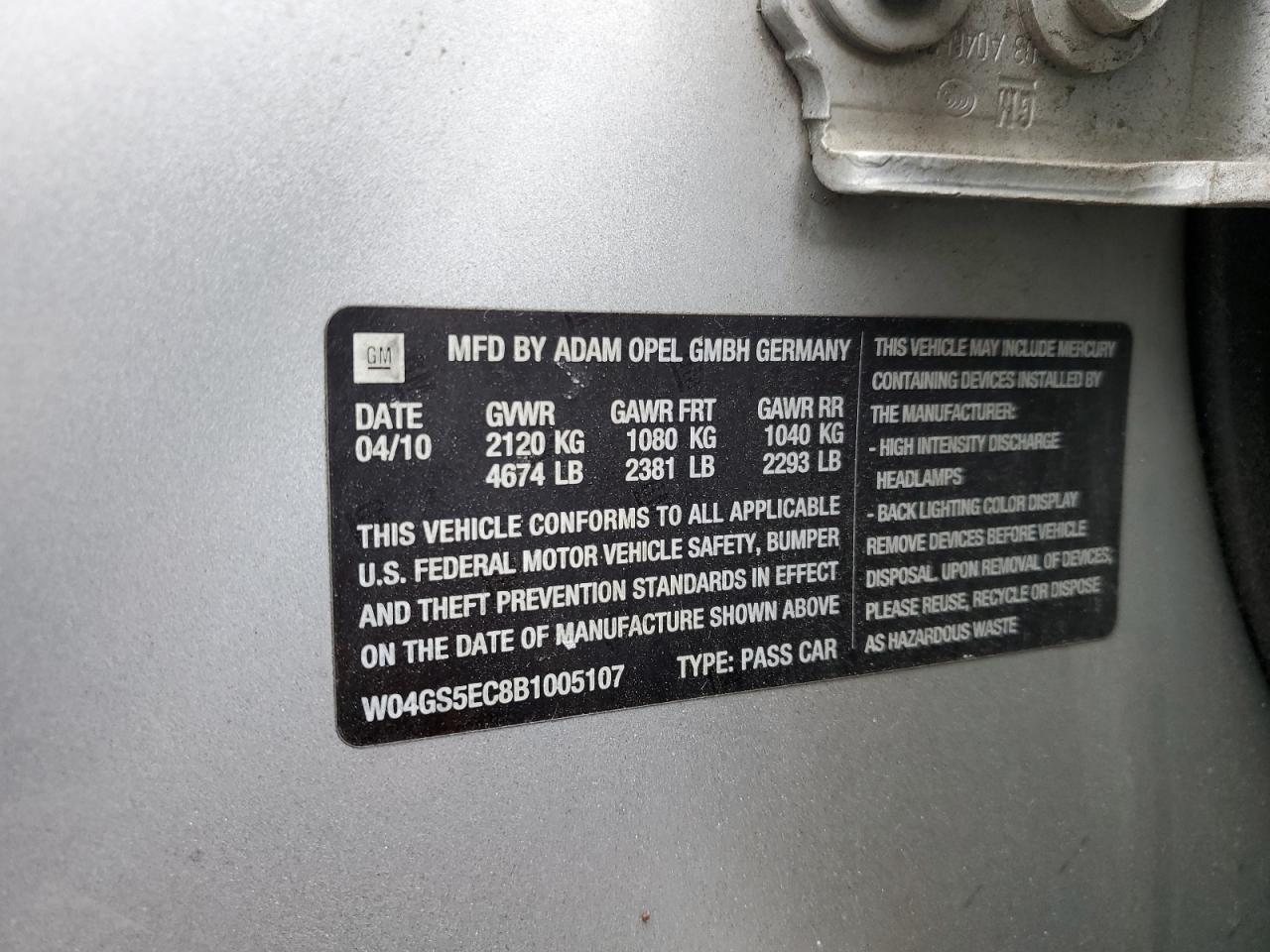 2011 Buick Regal VIN W04GS5EC8B1005107 Copart auction photo, rear end / side damage thumbnail 14