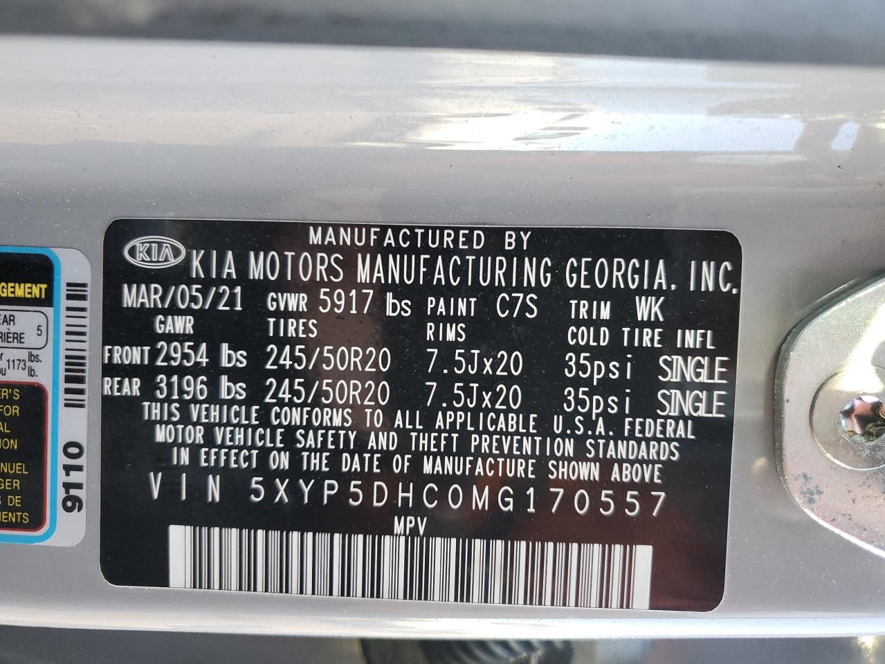 2021 KIA Telluride VIN 5XYP5DHC0MG170557 Copart auction photo, front end damage thumbnail 16