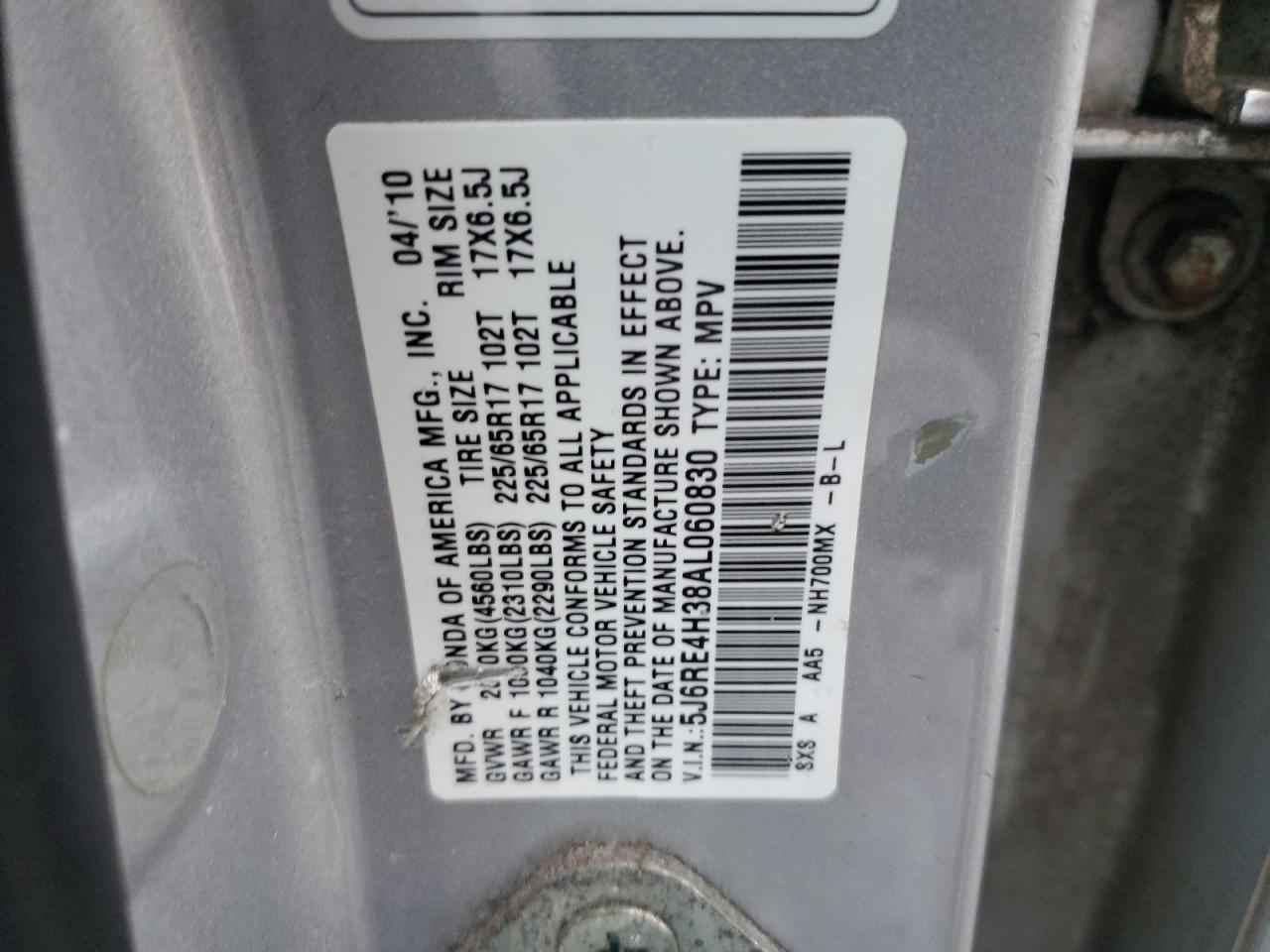 2010 Honda CR-V VIN 5J6RE4H38AL060830 Copart auction photo, rear end / front end damage thumbnail 13
