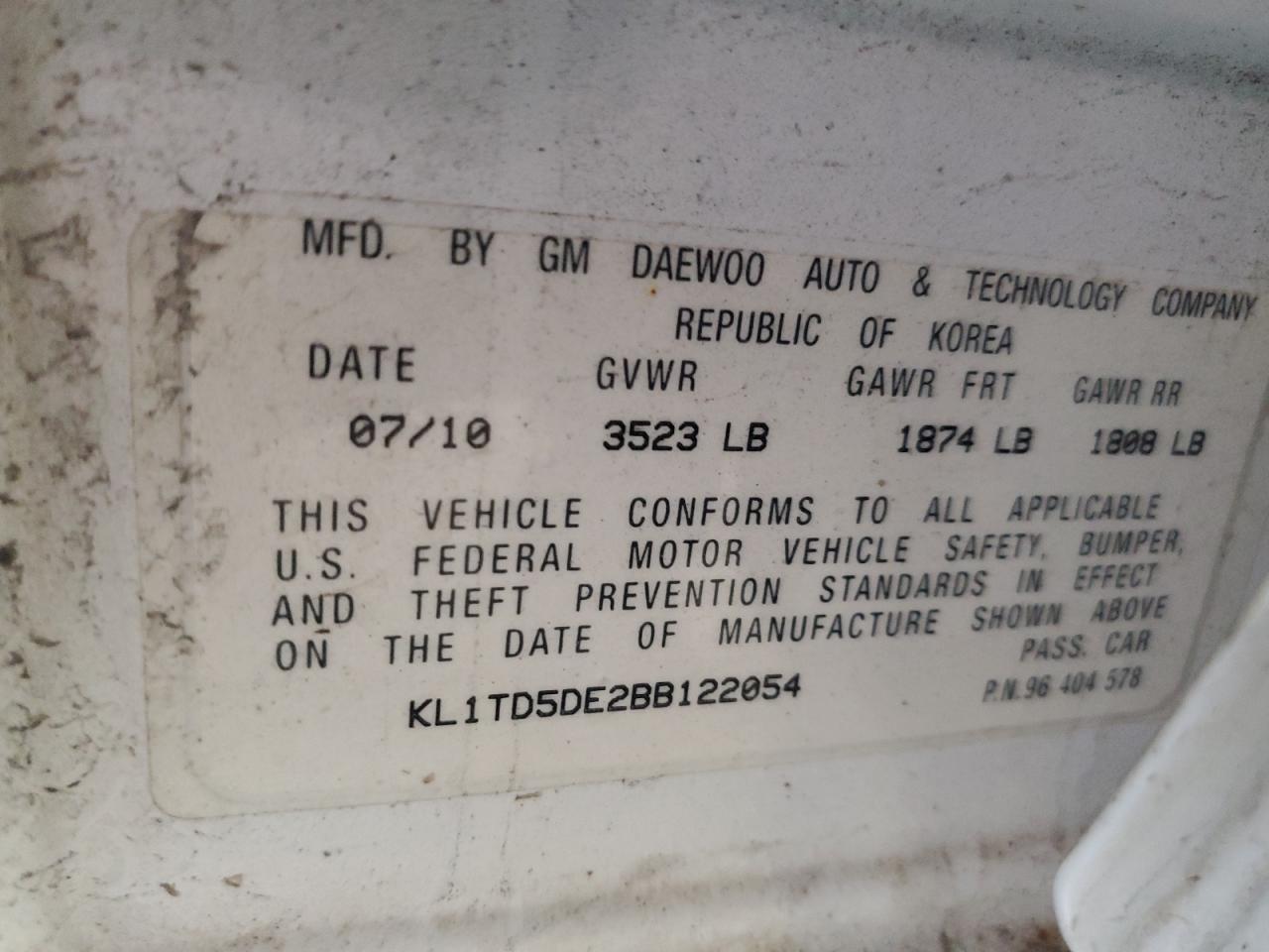2011 Chevrolet Aveo VIN KL1TD5DE2BB122054 Copart auction photo, front end / side damage thumbnail 13