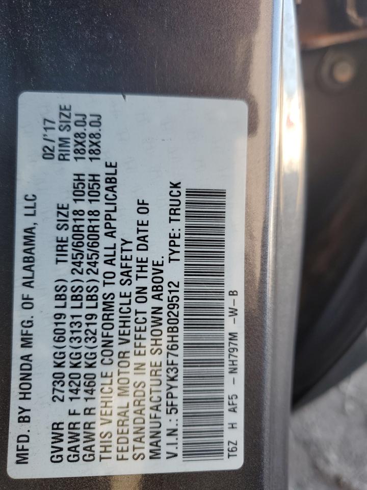 2017 Honda Ridgeline VIN 5FPYK3F76HB029512 Copart auction photo, partial repair / rear end damage thumbnail 15