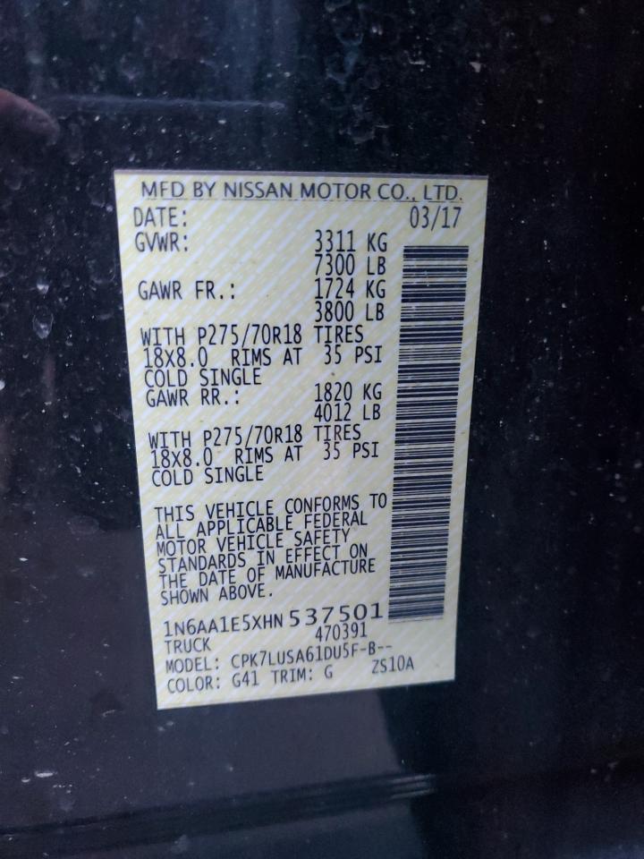 2017 Nissan Titan VIN 1N6AA1E5XHN537501 Copart auction photo, front end / top/roof damage thumbnail 14