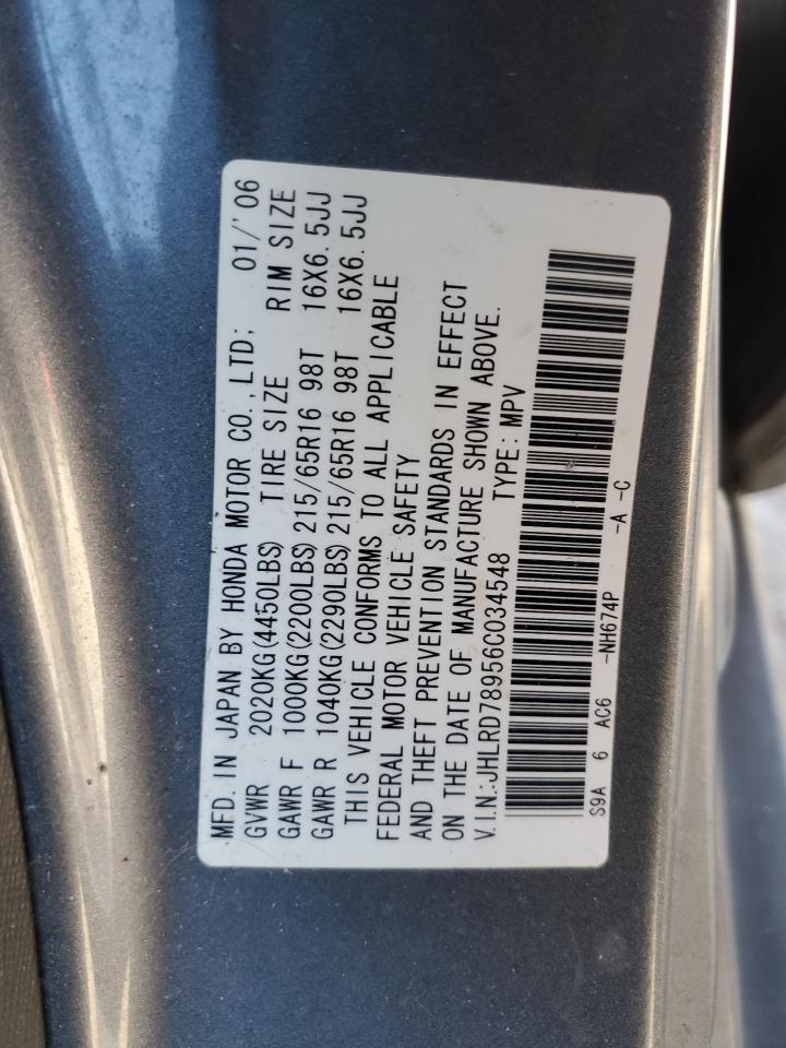 2006 Honda CR-V VIN JHLRD78956C034548 Copart auction photo, front end damage thumbnail 13