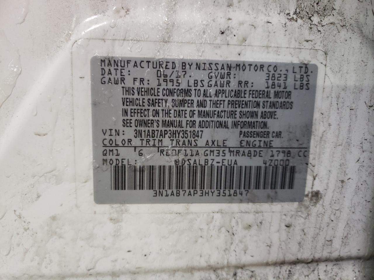 2017 Nissan Sentra VIN 3N1AB7AP3HY351847 Copart auction photo, front end / side damage thumbnail 12