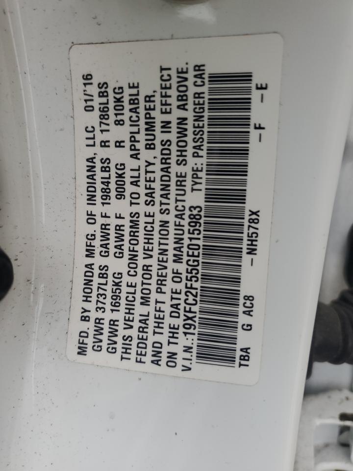 2016 Honda Civic VIN 19XFC2F55GE015983 Copart auction photo, front end / minor dent/scratches damage thumbnail 13