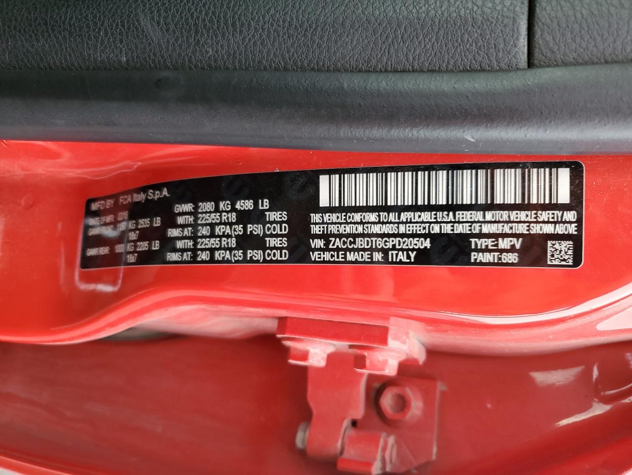 2016 Jeep Renegade VIN ZACCJBDT6GPD20504 Copart auction photo, front end damage thumbnail 13