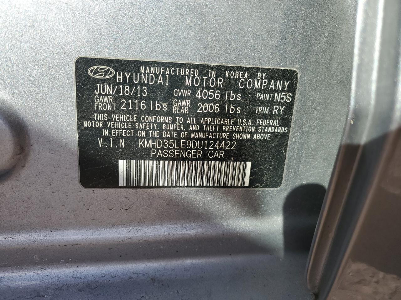 2013 Hyundai Elantra VIN KMHD35LE9DU124422 Copart auction photo, rear end damage thumbnail 14