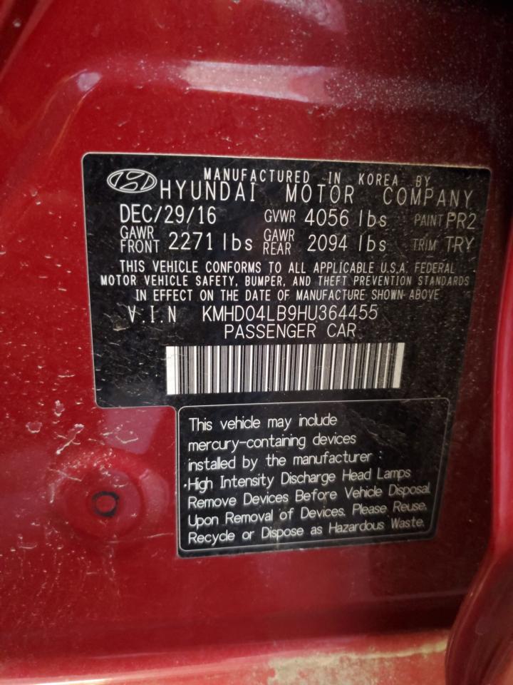 2017 Hyundai Elantra VIN KMHD04LB9HU364455 Copart auction photo, front end damage thumbnail 12