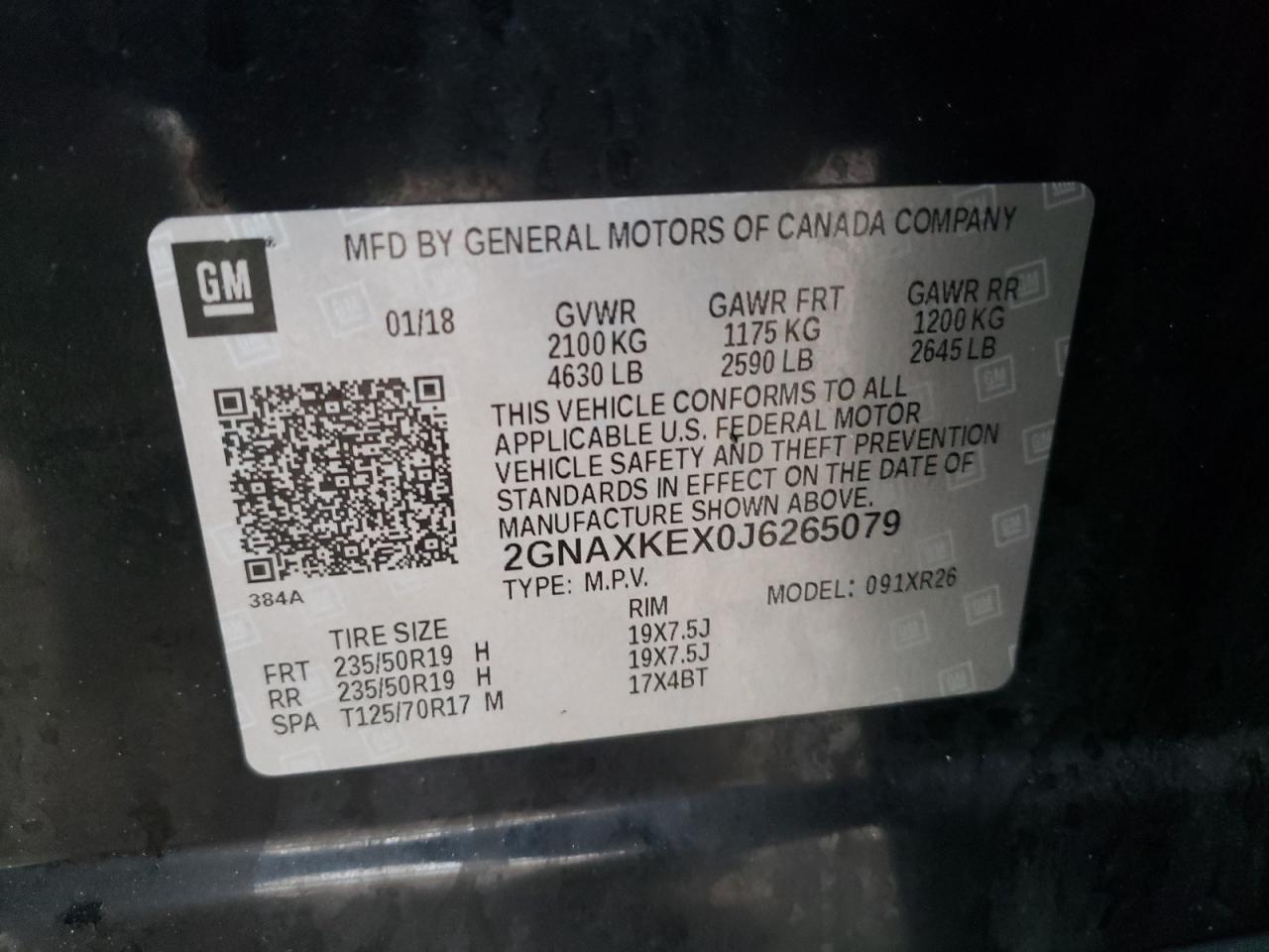 2018 Chevrolet Equinox VIN 2GNAXKEX0J6265079 Copart auction photo, front end damage thumbnail 13