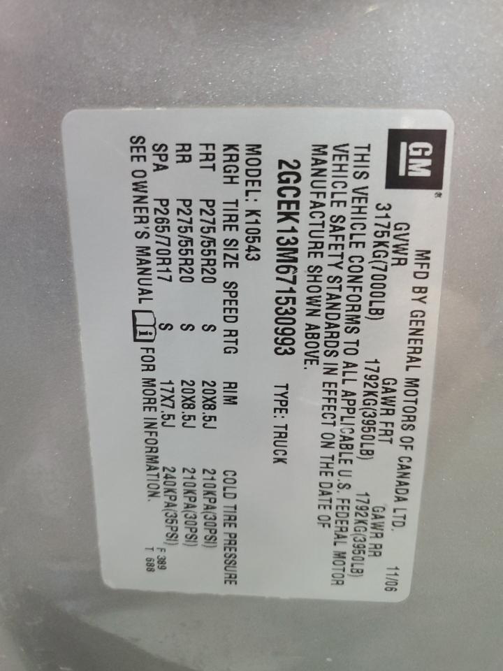 2007 Chevrolet Silverado VIN 2GCEK13M671530993 Copart auction photo, side / front end damage thumbnail 12