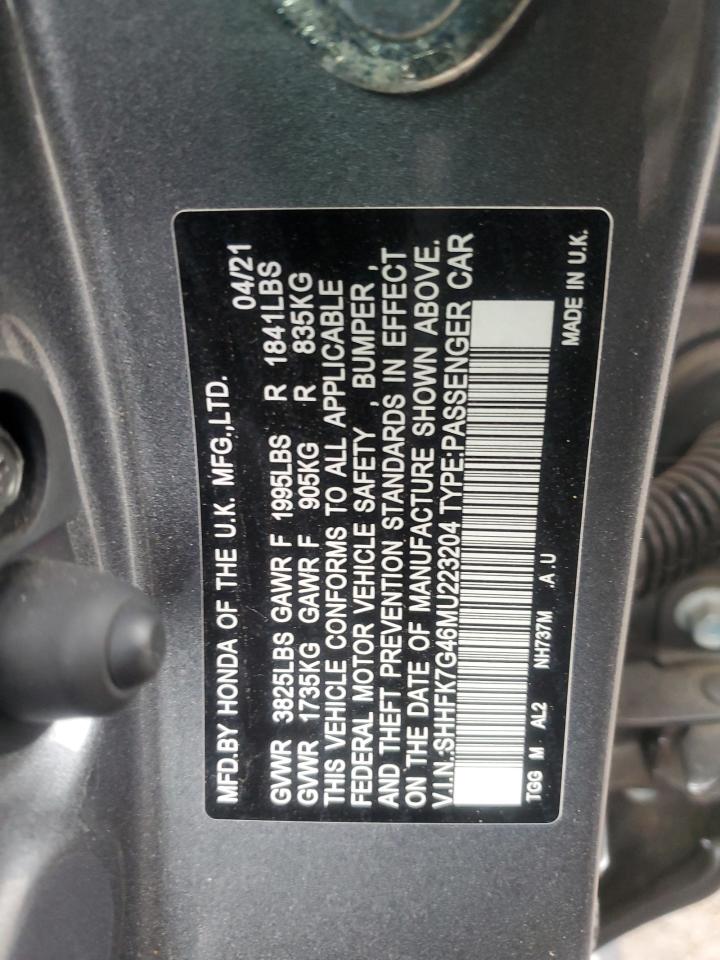 2021 Honda Civic VIN SHHFK7G46MU223204 Copart auction photo, side / front end damage thumbnail 12