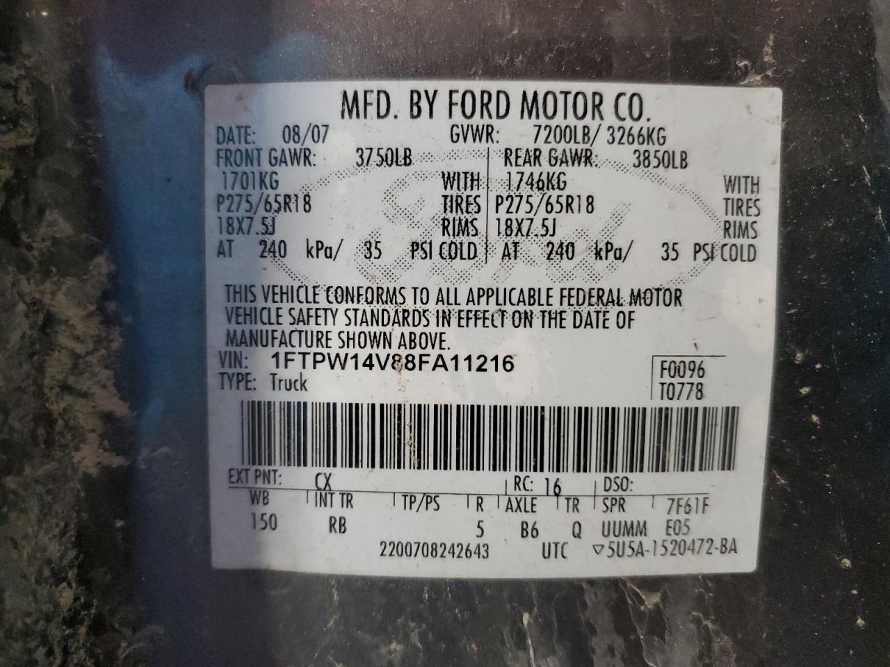 2008 Ford F-150 VIN 1FTPW14V88FA11216 Copart auction photo, side damage thumbnail 12
