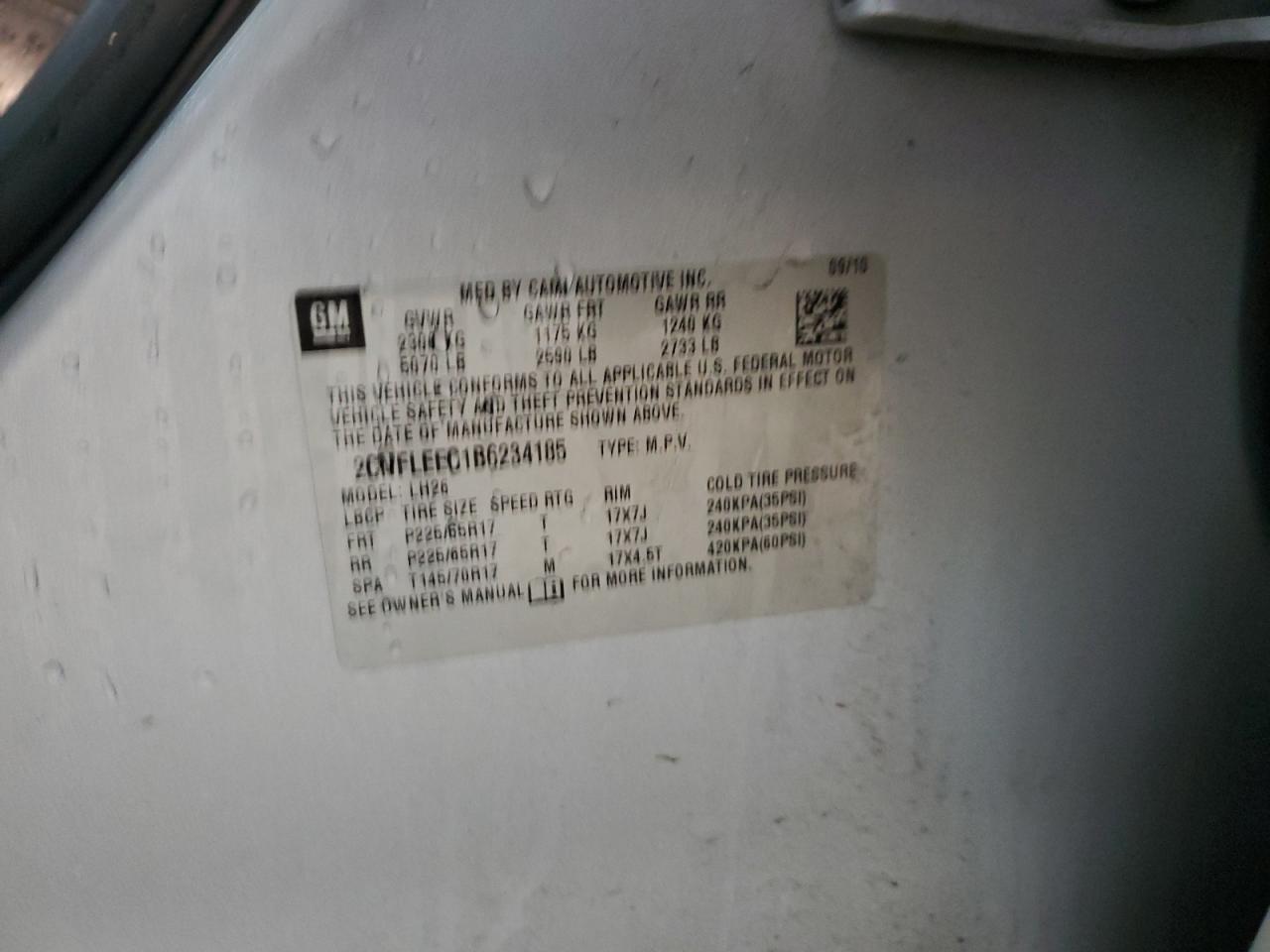 2011 Chevrolet Equinox VIN 2CNFLEEC1B6234185 Copart auction photo, front end / side damage thumbnail 16