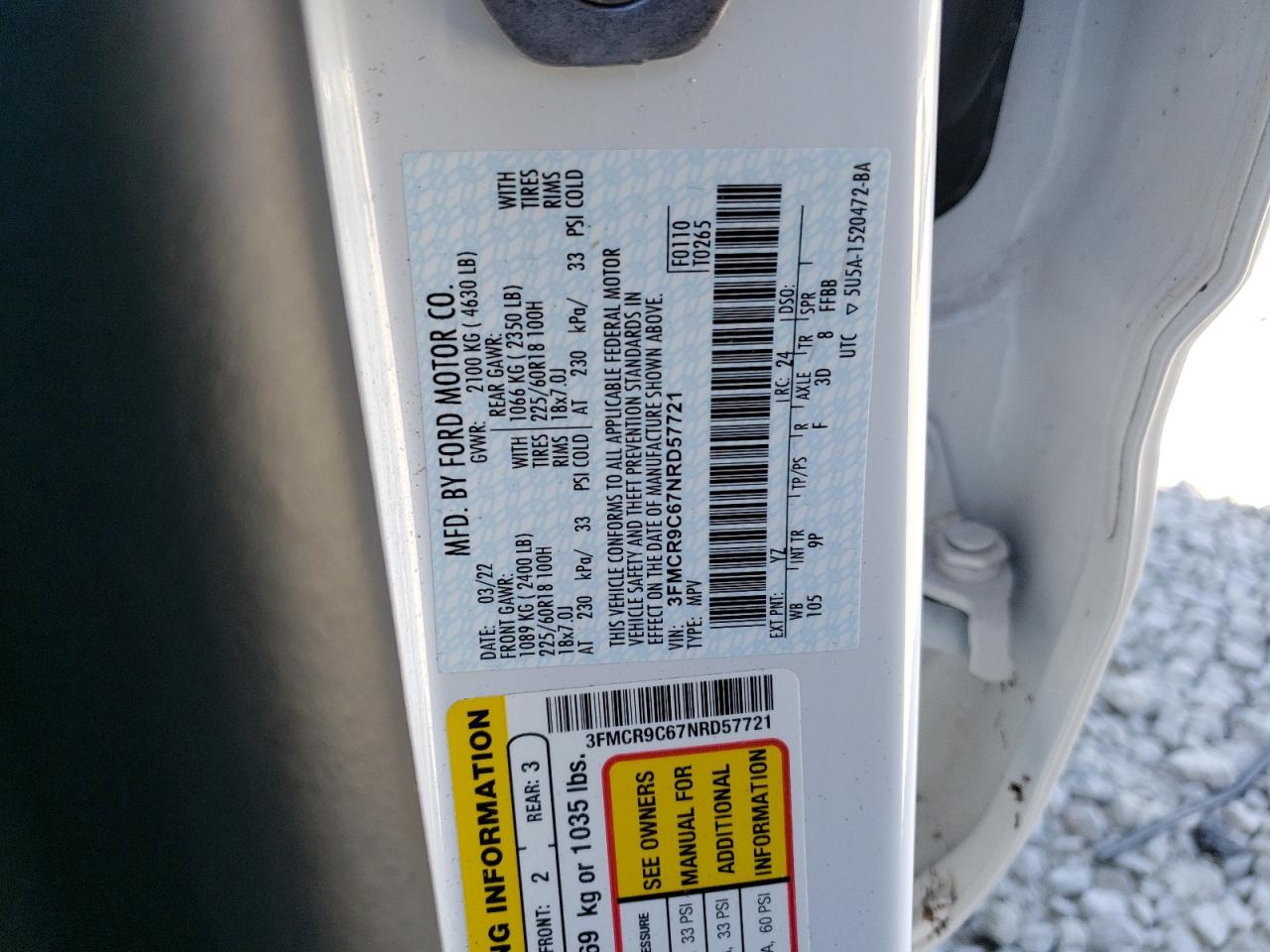 2022 Ford Bronco VIN 3FMCR9C67NRD57721 Copart auction photo, vandalism damage thumbnail 14