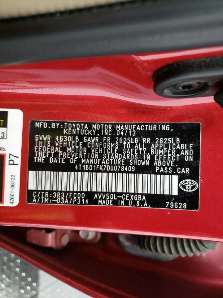 2013 Toyota Camry VIN 4T1BD1FK7DU078409 Copart auction photo, front end / rear end damage thumbnail 13