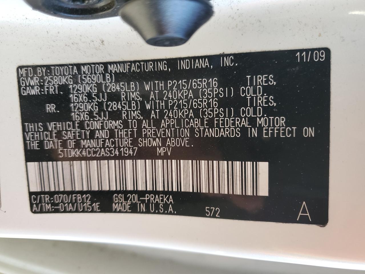 2010 Toyota Sienna VIN 5TDKK4CC2AS341947 Copart auction photo, front end damage thumbnail 14