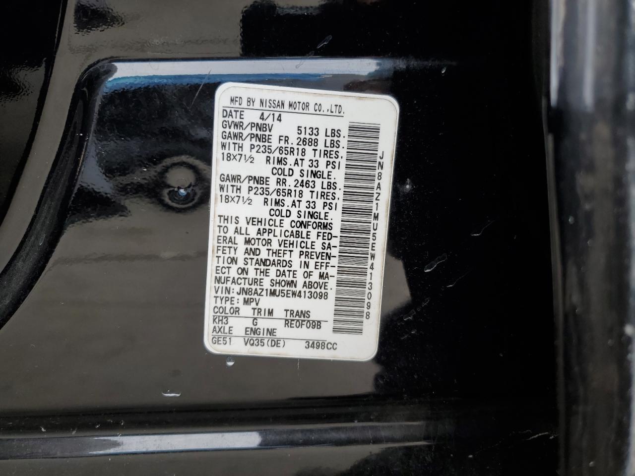 2014 Nissan Murano VIN JN8AZ1MU5EW413098 Copart auction photo, front end damage thumbnail 13