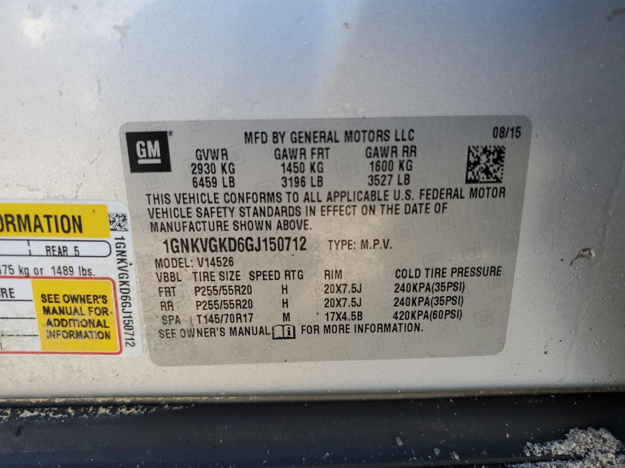 2016 Chevrolet Traverse VIN 1GNKVGKD6GJ150712 Copart auction photo, water/flood damage thumbnail 14