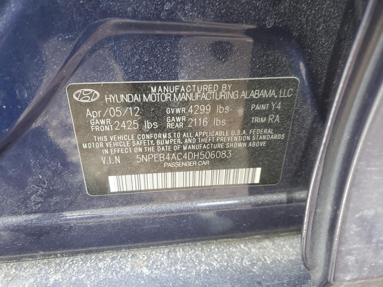 2013 Hyundai Sonata VIN 5NPEB4AC4DH506083 Copart auction photo, side damage thumbnail 12