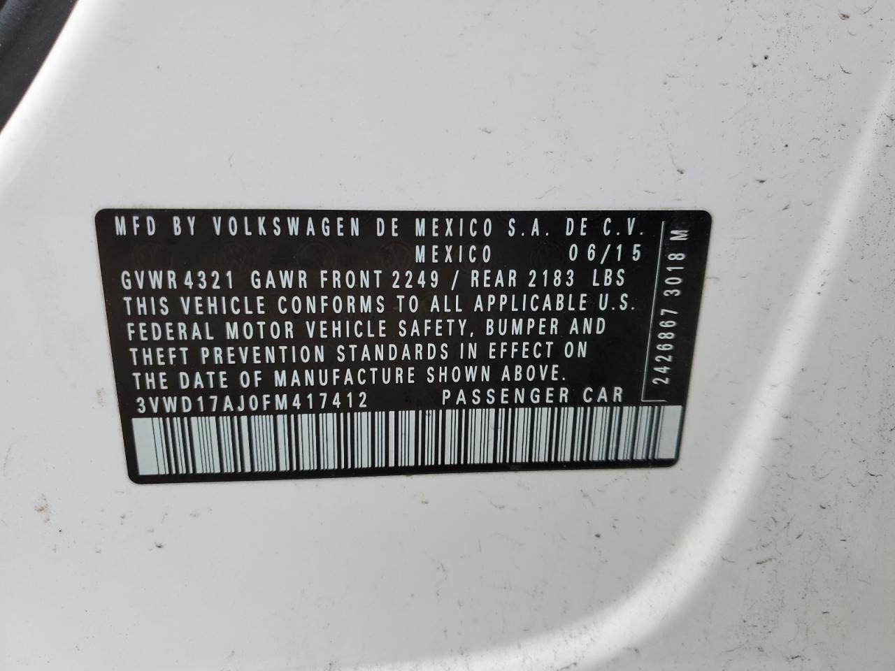 2015 Volkswagen Jetta VIN 3VWD17AJ0FM417412 Copart auction photo, front end damage thumbnail 14