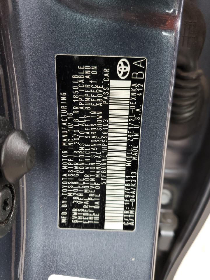 2017 Toyota Corolla VIN 5YFBURHE1HP598103 Copart auction photo, rear end / minor dent/scratches damage thumbnail 12