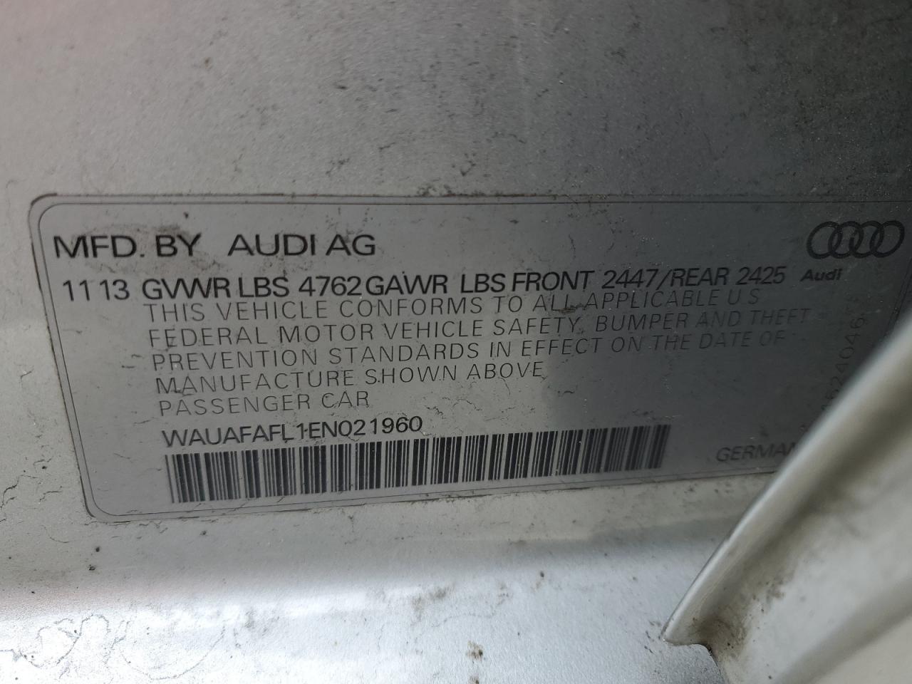 2014 Audi A4 VIN WAUAFAFL1EN021960 Copart auction photo, frame damage / front end damage thumbnail 12