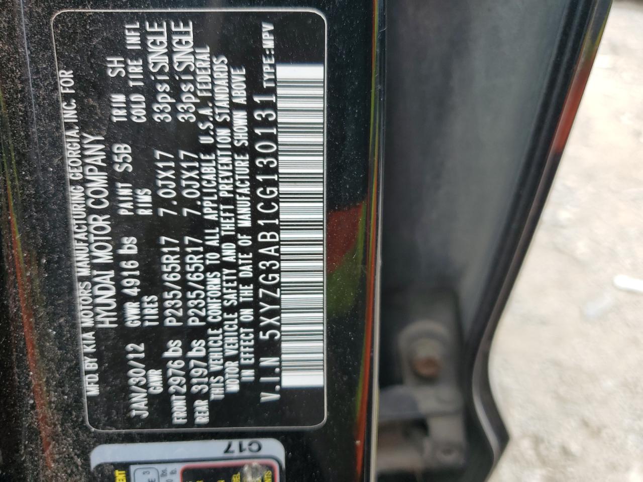 2012 Hyundai Santa Fe VIN 5XYZG3AB1CG130131 Copart auction photo, front end damage thumbnail 13