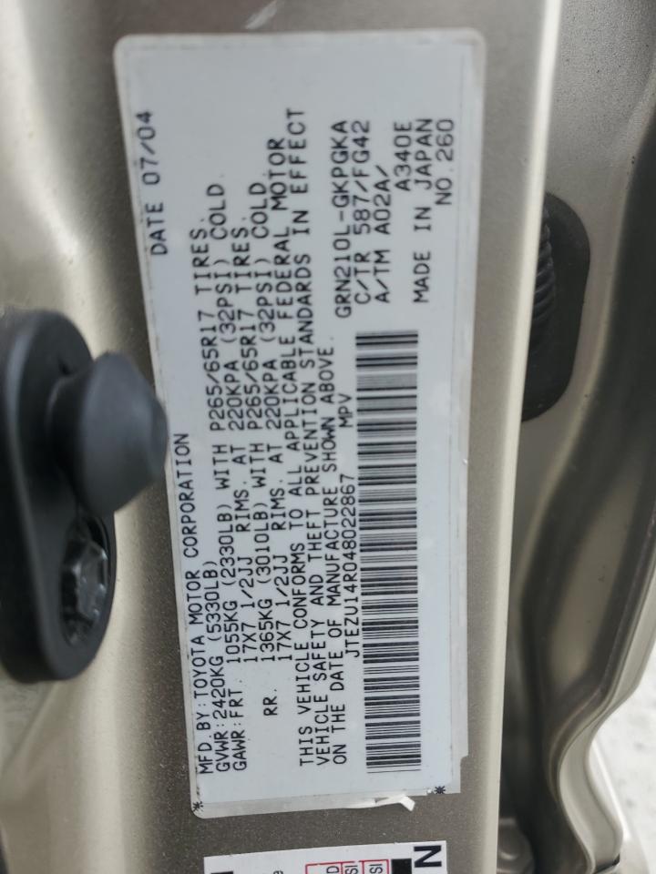 2004 Toyota 4Runner VIN JTEZU14R048022867 Copart auction photo, front end damage thumbnail 14
