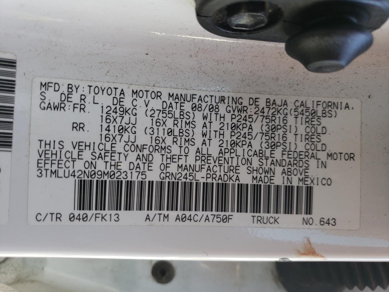 2009 Toyota Tacoma VIN 3TMLU42N09M023175 Copart auction photo, front end / rollover damage thumbnail 12