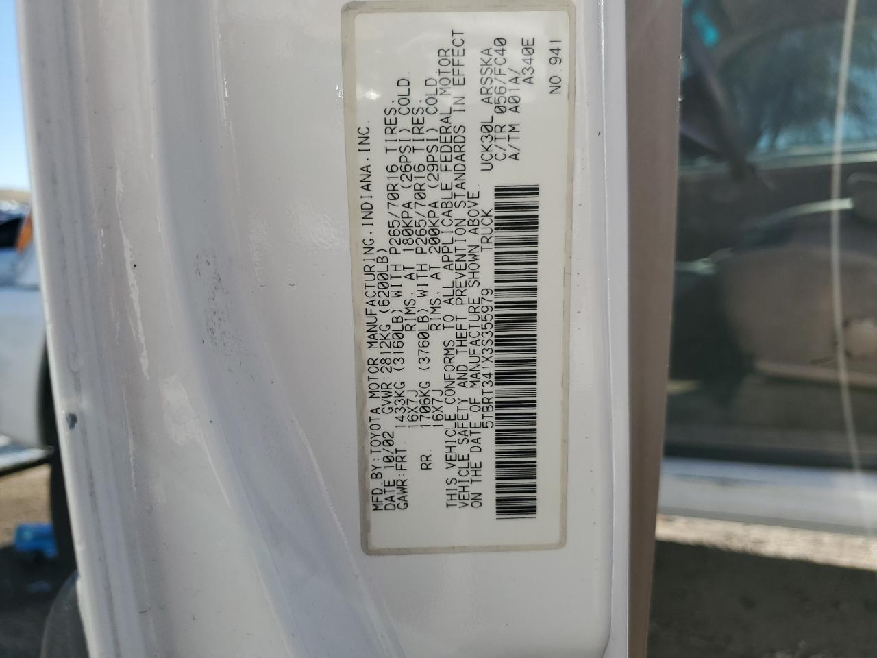 2003 Toyota Tundra VIN 5TBRT341X3S355979 Copart auction photo, front end damage thumbnail 12