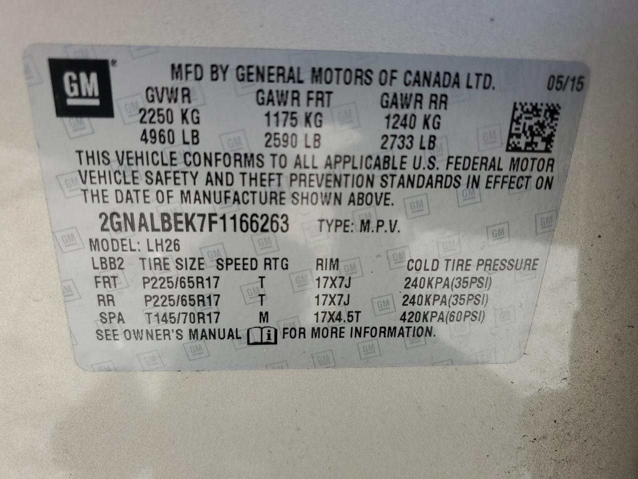 2015 Chevrolet Equinox VIN 2GNALBEK7F1166263 Copart auction photo, top/roof damage thumbnail 14