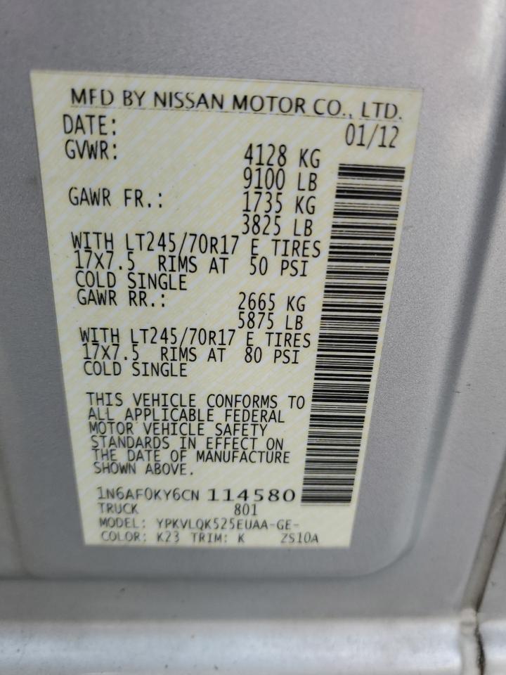 2012 Nissan NV VIN 1N6AF0KY6CN114580 Copart auction photo, rear end damage thumbnail 13