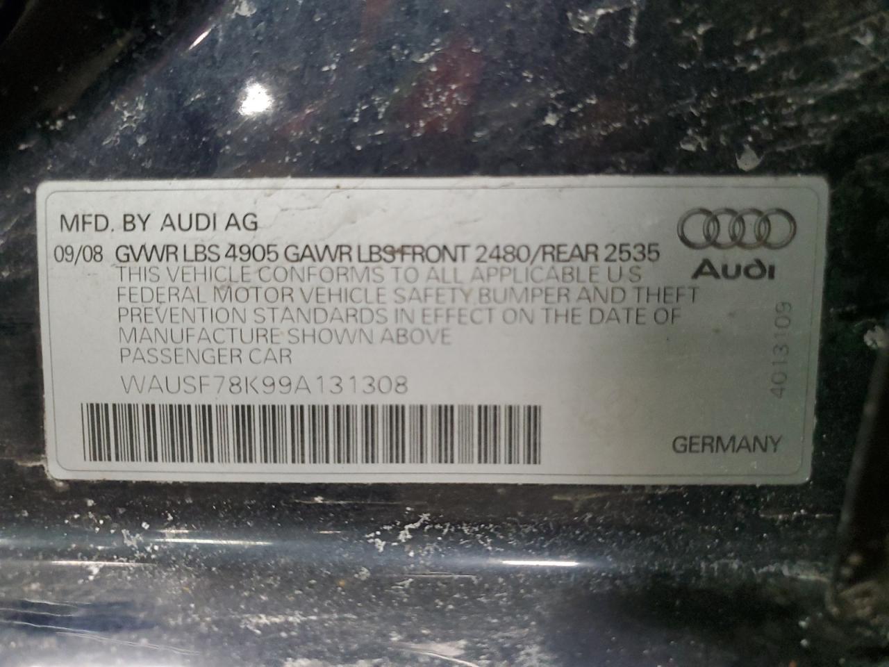 2009 Audi A4 VIN WAUSF78K99A131308 Copart auction photo, front end damage thumbnail 12