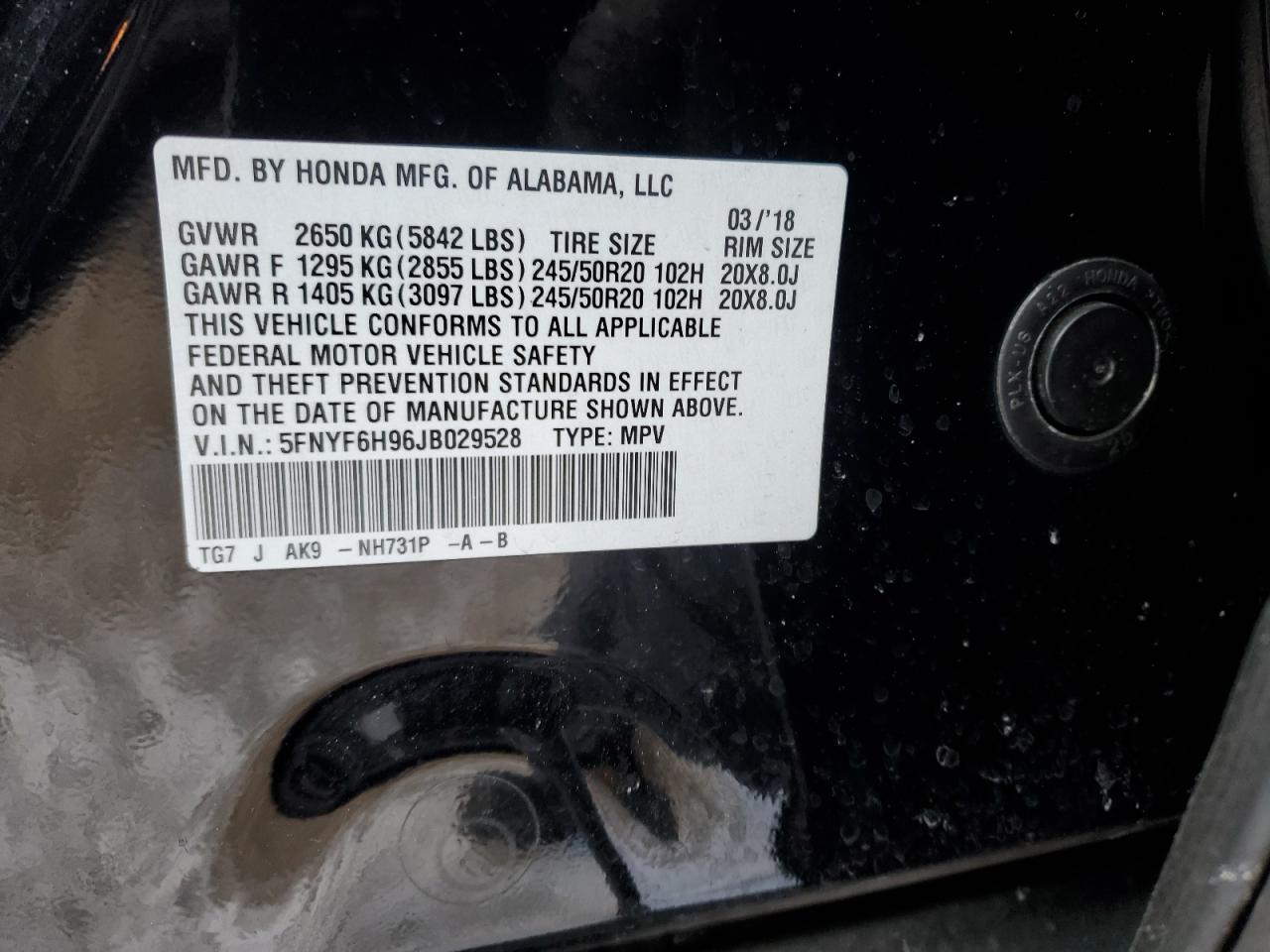 2018 Honda Pilot VIN 5FNYF6H96JB029528 Copart auction photo, front end / side damage thumbnail 13