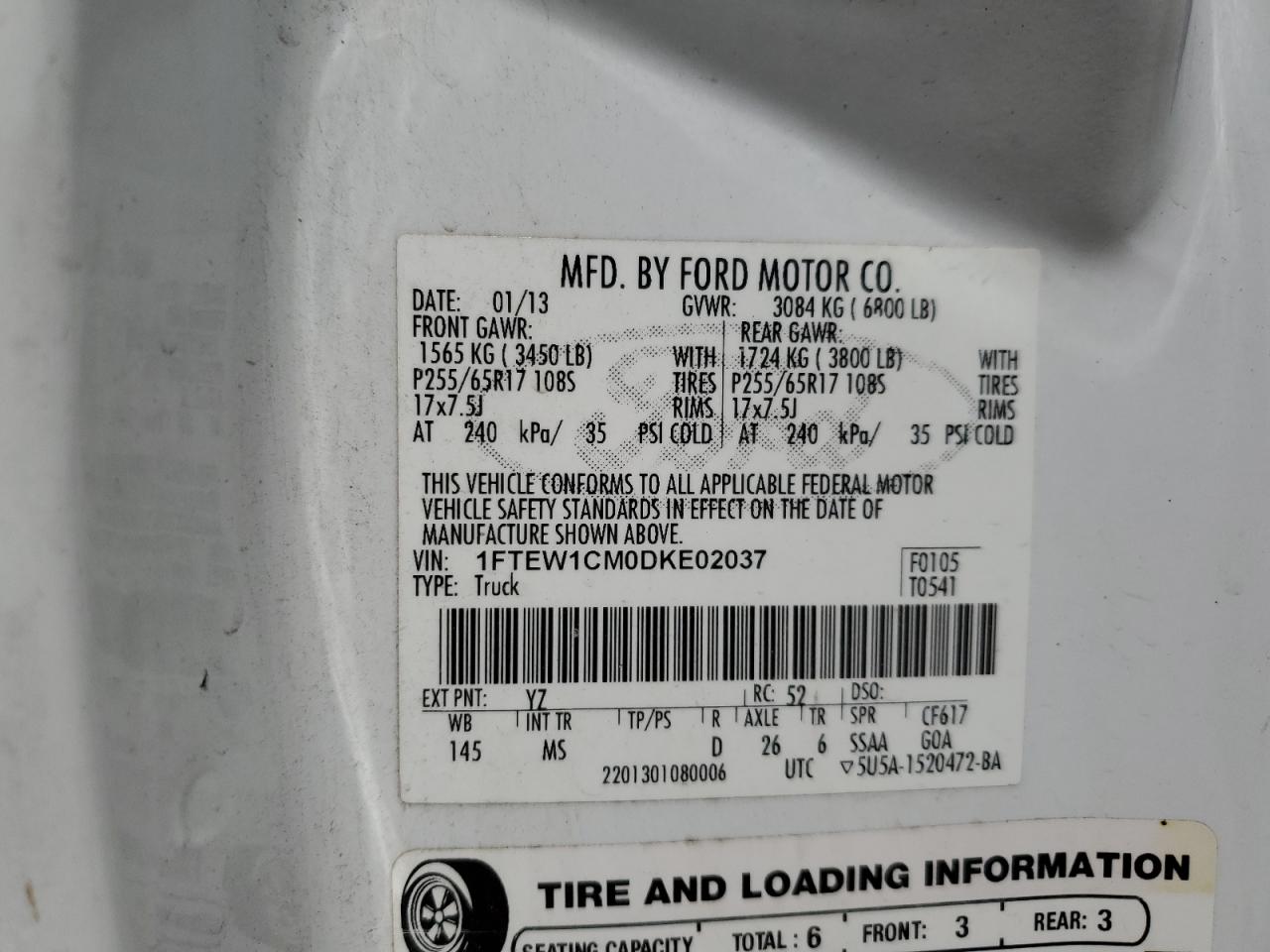 2013 Ford F-150 VIN 1FTEW1CM0DKE02037 Copart auction photo, front end / side damage thumbnail 12