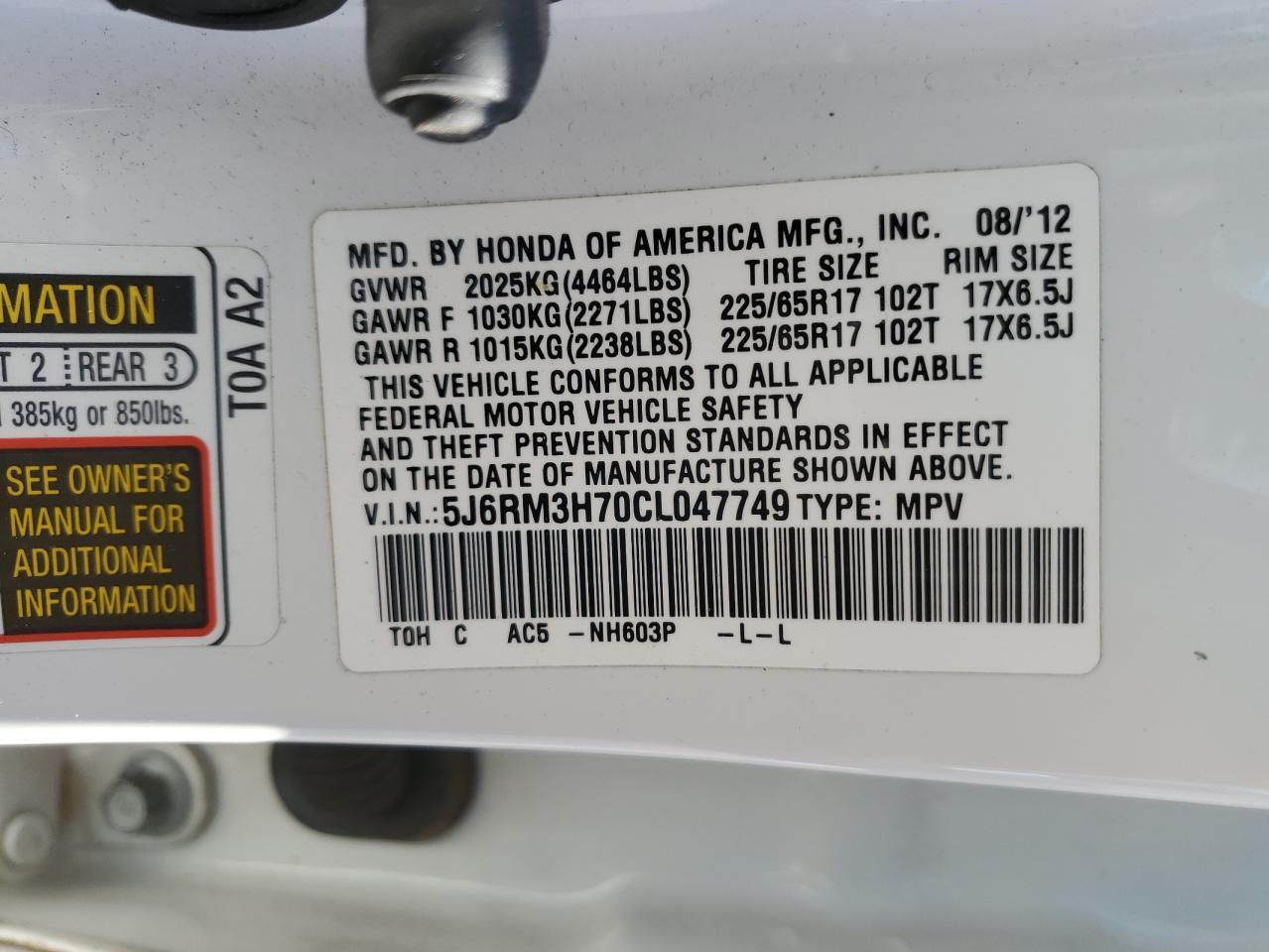 2012 Honda CR-V VIN 5J6RM3H70CL047749 Copart auction photo, front end damage thumbnail 14