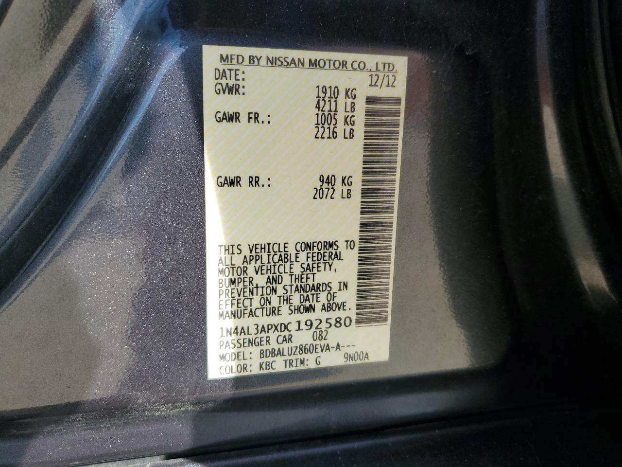 2013 Nissan Altima VIN 1N4AL3APXDC192580 Copart auction photo, rear end damage thumbnail 15