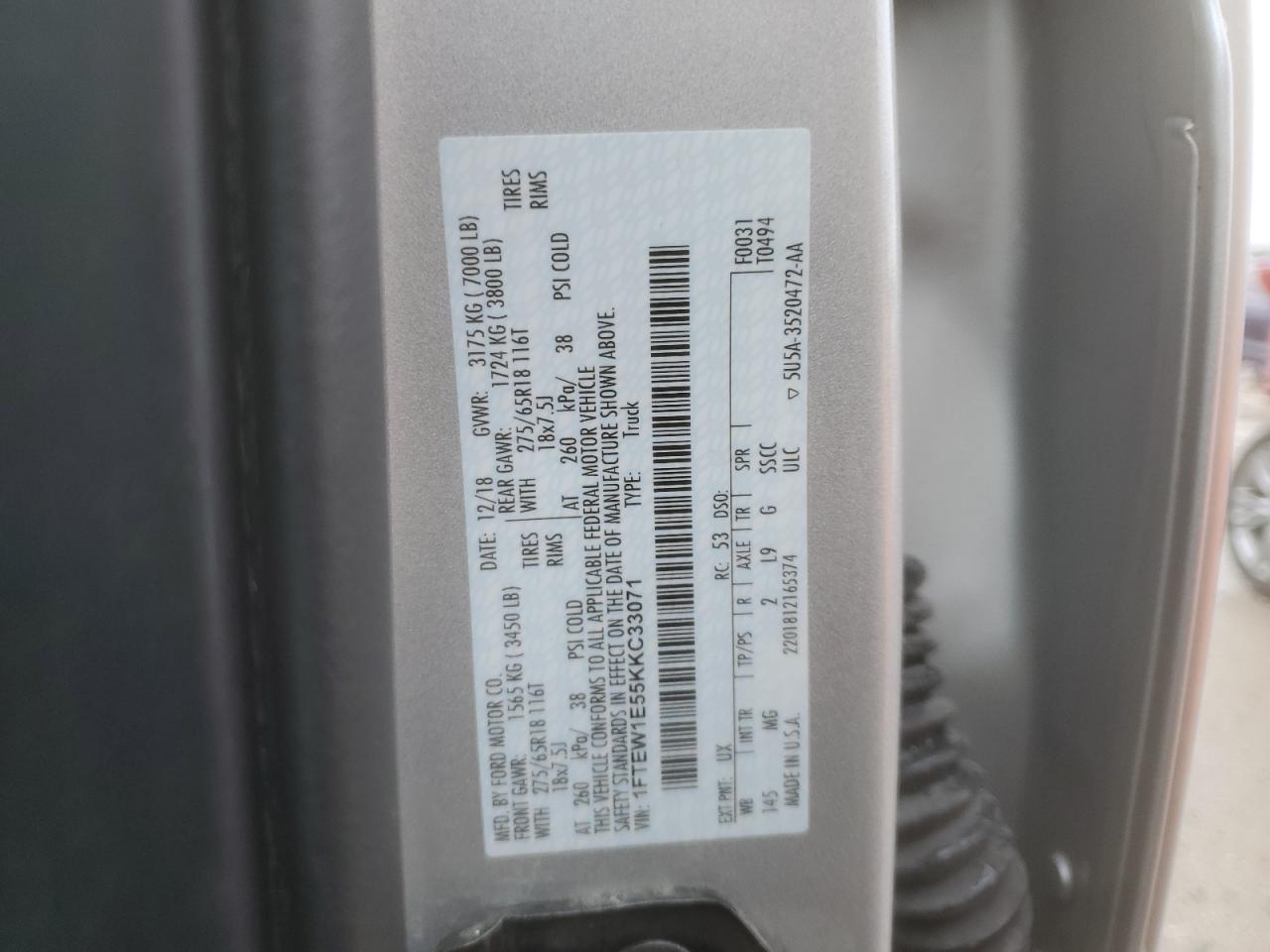 2019 Ford F-150 VIN 1FTEW1E55KKC33071 Copart auction photo, undercarriage damage thumbnail 12