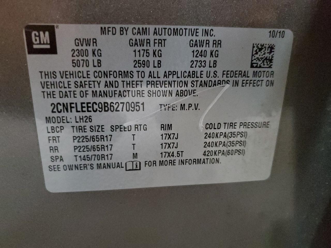 2011 Chevrolet Equinox VIN 2CNFLEEC9B6270951 Copart auction photo, side damage thumbnail 15